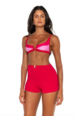 FAE Swim Gia High Waist Shorts - Strawberry Ribbed - Clasp Belt Sz L NWT